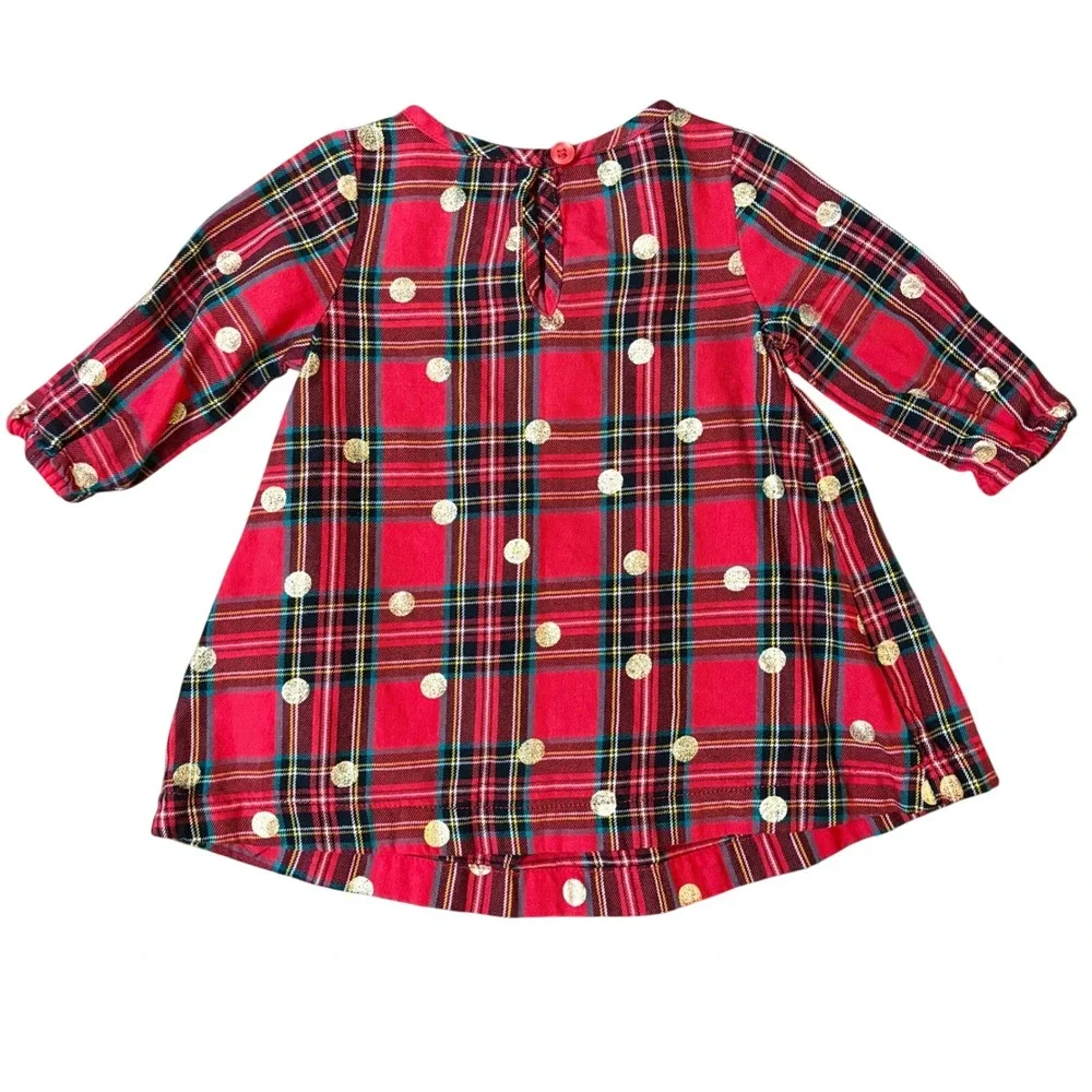 Old Navy Baby Girls Red Plaid Dress Gold Polka Dots Pleats Christmas Holiday 3-6